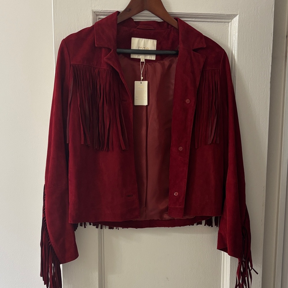 Maje Fringe Suede Jacket - Red